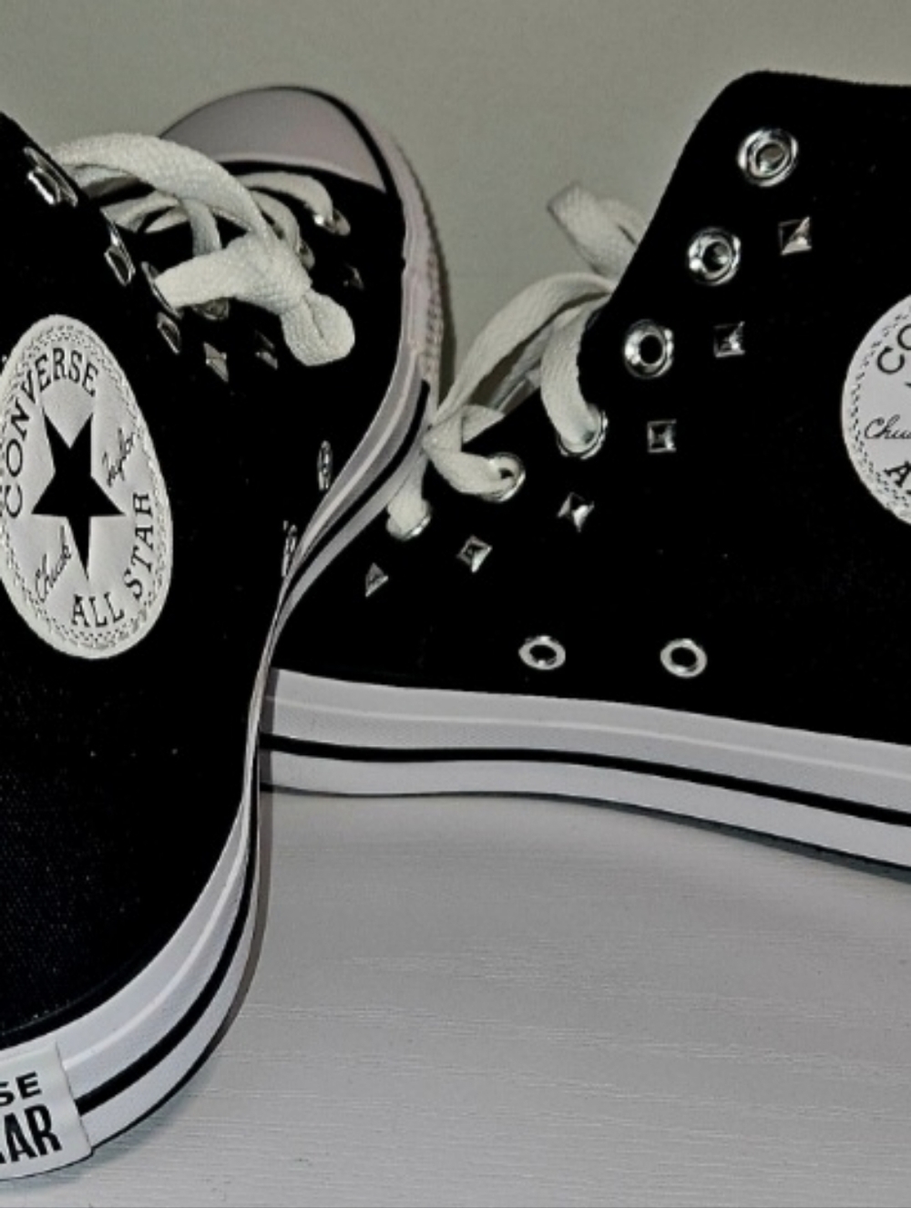 Black High-Top Sneakers with Pink Ribbon Bowslor Concersw Bow/stud - Picture 3 of 8